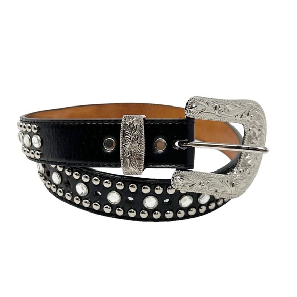 3D Accessories - 3D Leather Rhinestone Studded Belt Black Size 26